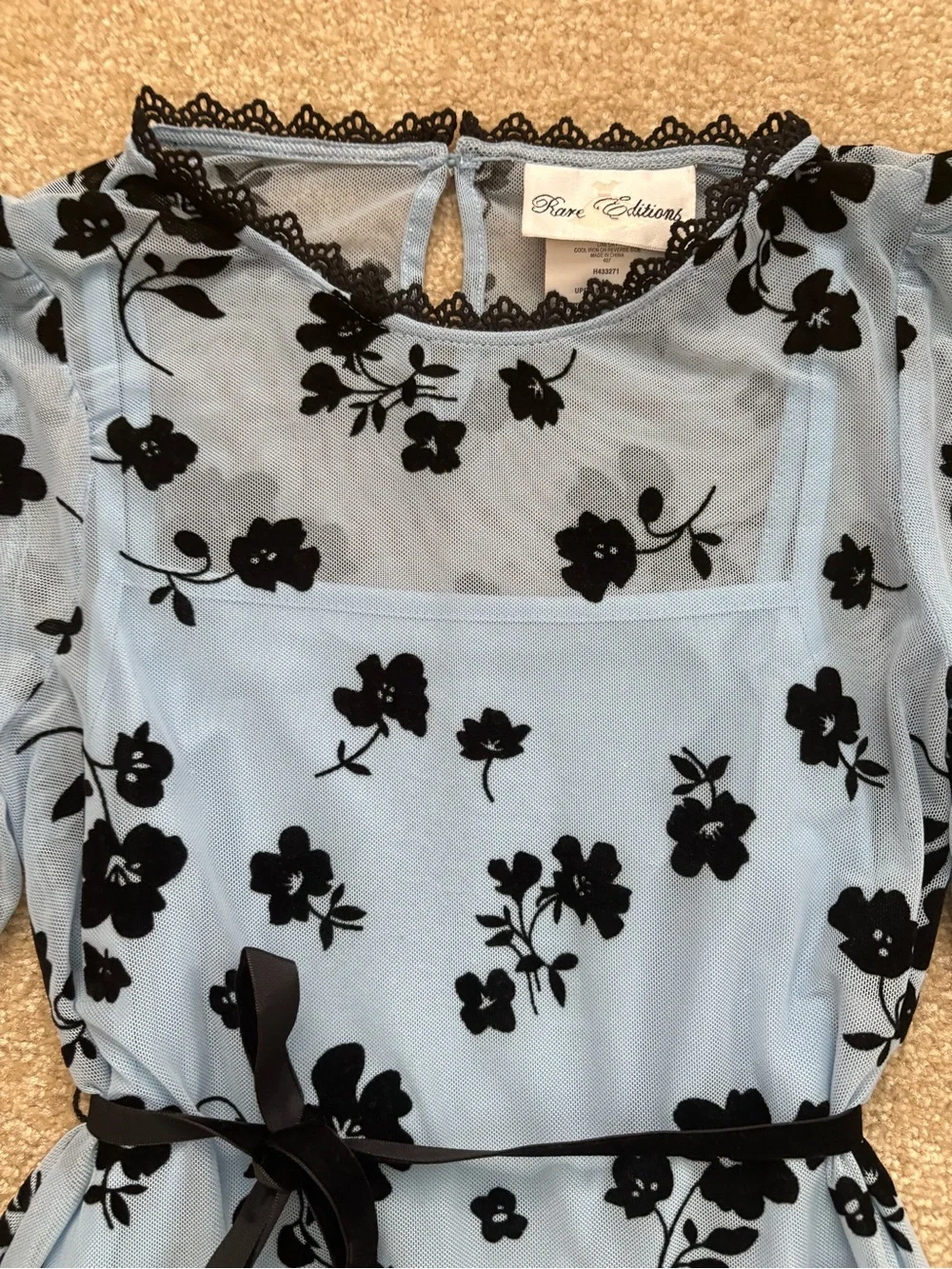 Rare Editions Light Blue Dress with Black Floral Velvet Accents